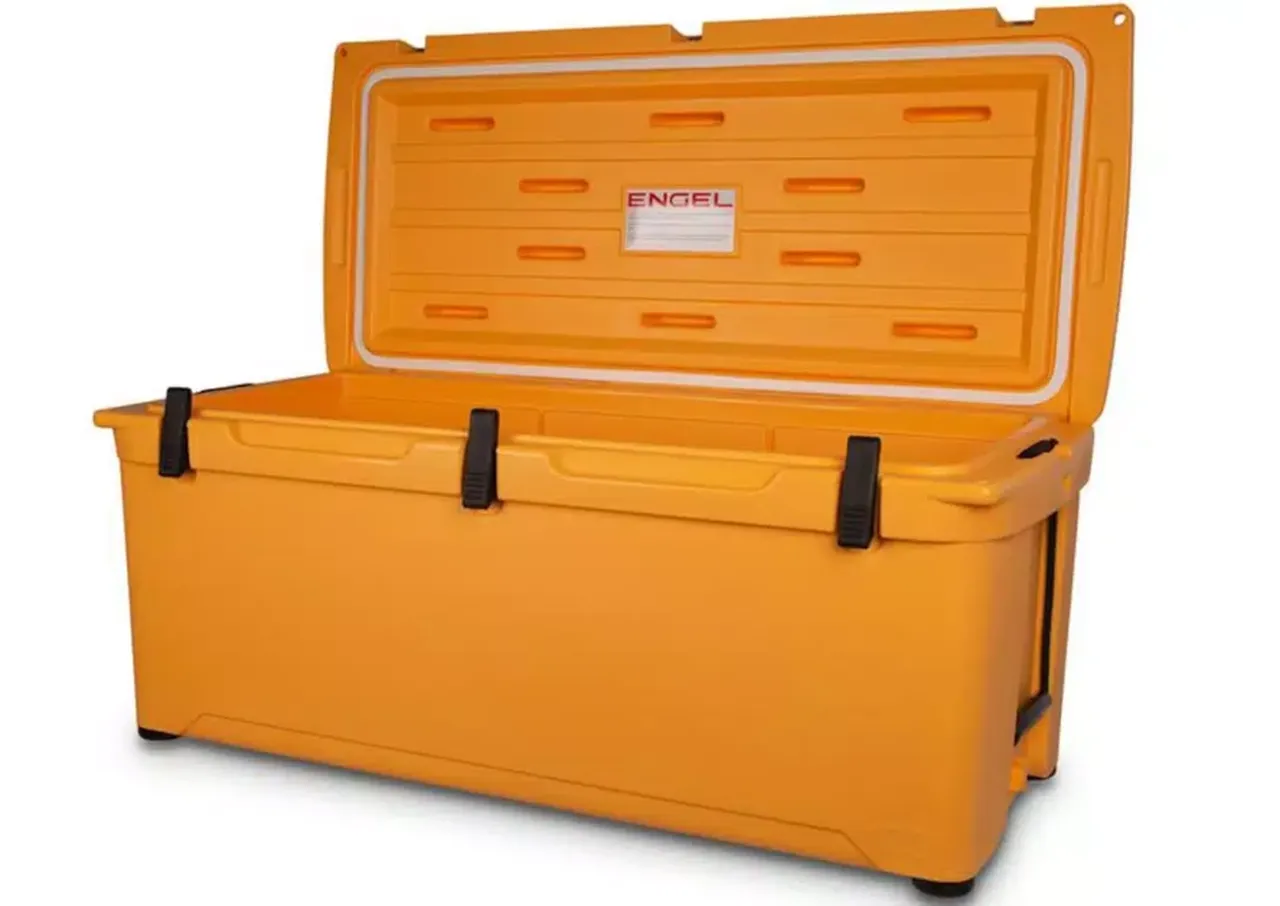 Orange insulated storage case with a lid and black latches.