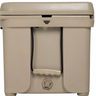 An Engel 123 beige hard-shell cooler with a black rope handle, featuring a lid with a locking mechanism and an embossed screw-type drain plug at the base.