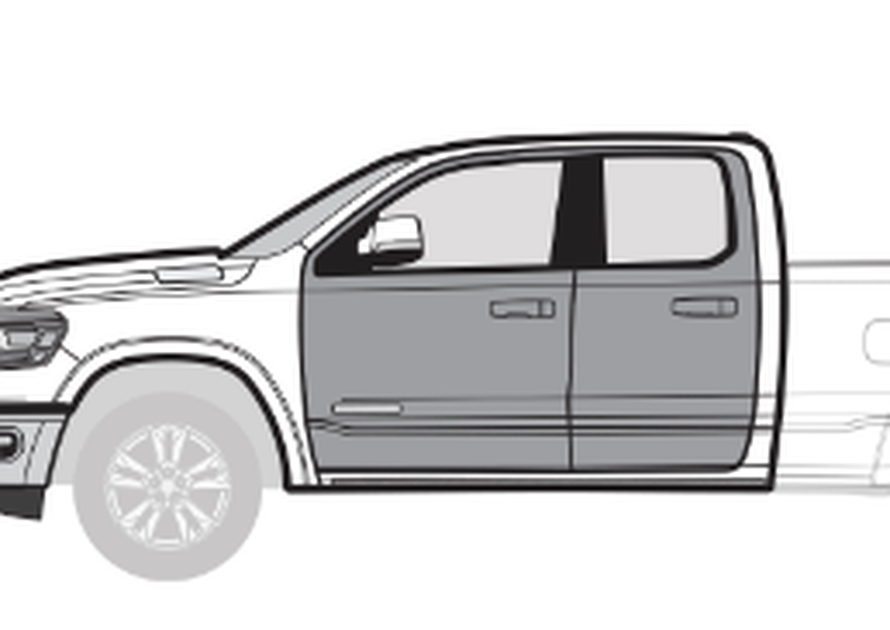 Outline of a four-door pickup truck in black and white.