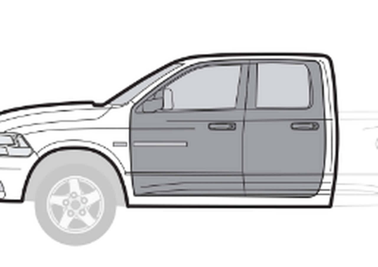 Outline of a pickup truck with a four-door cab and side mirrors.