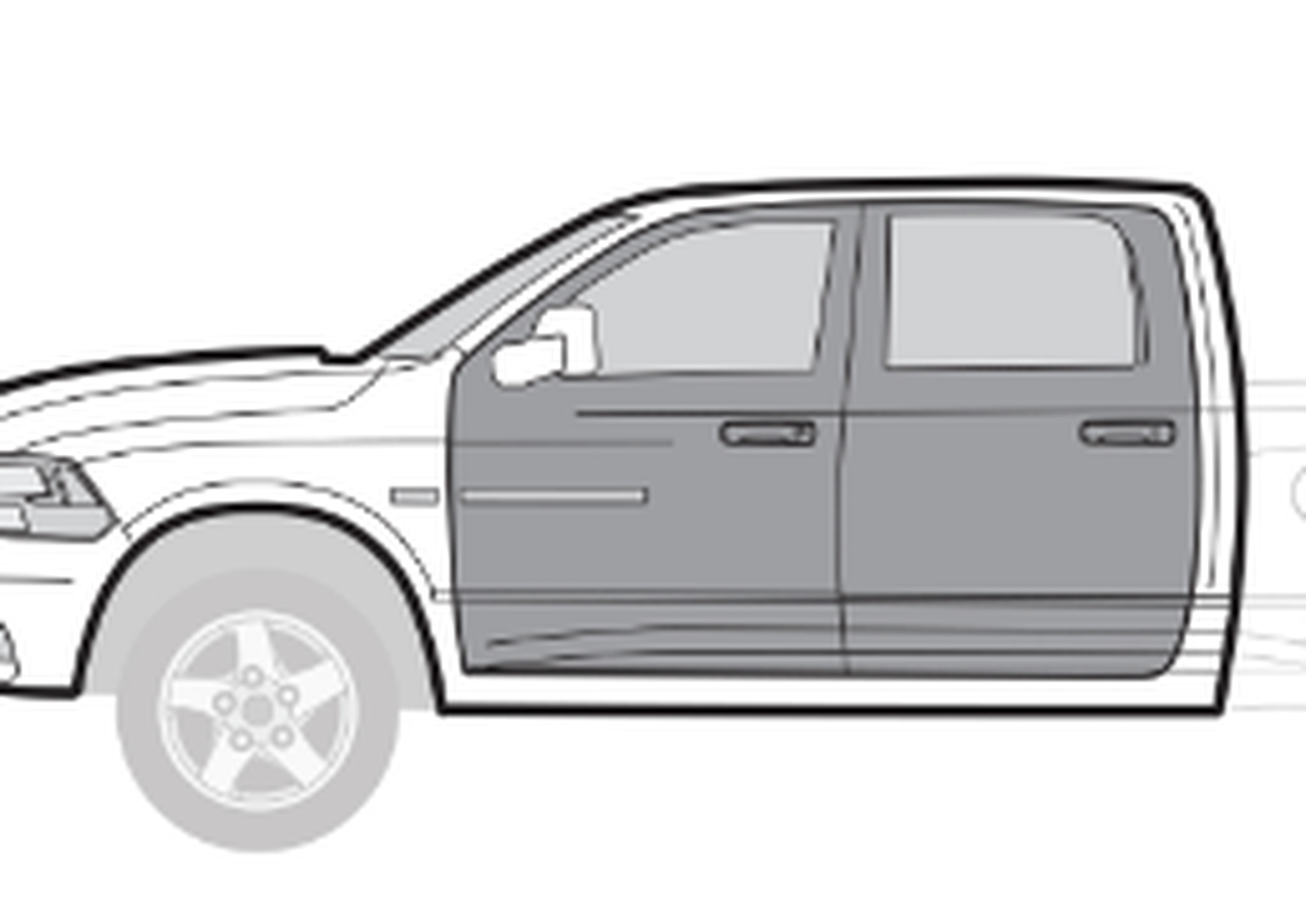 Outline drawing of a pickup truck with four doors.