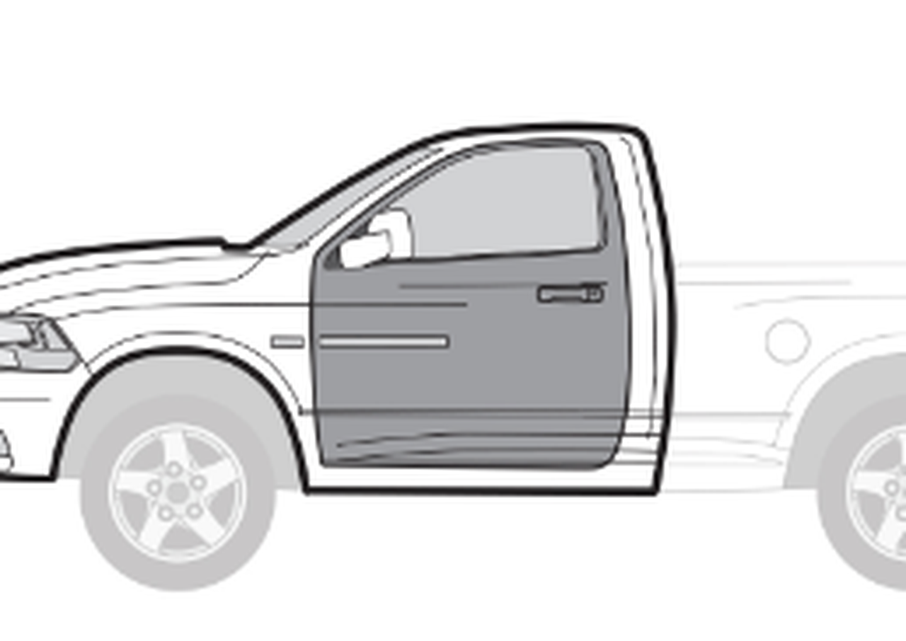Outline drawing of a pickup truck with the driver's door highlighted.