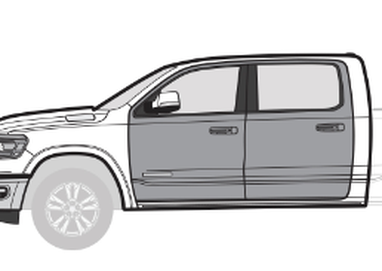 Line drawing of a pickup truck with four doors and large wheels.