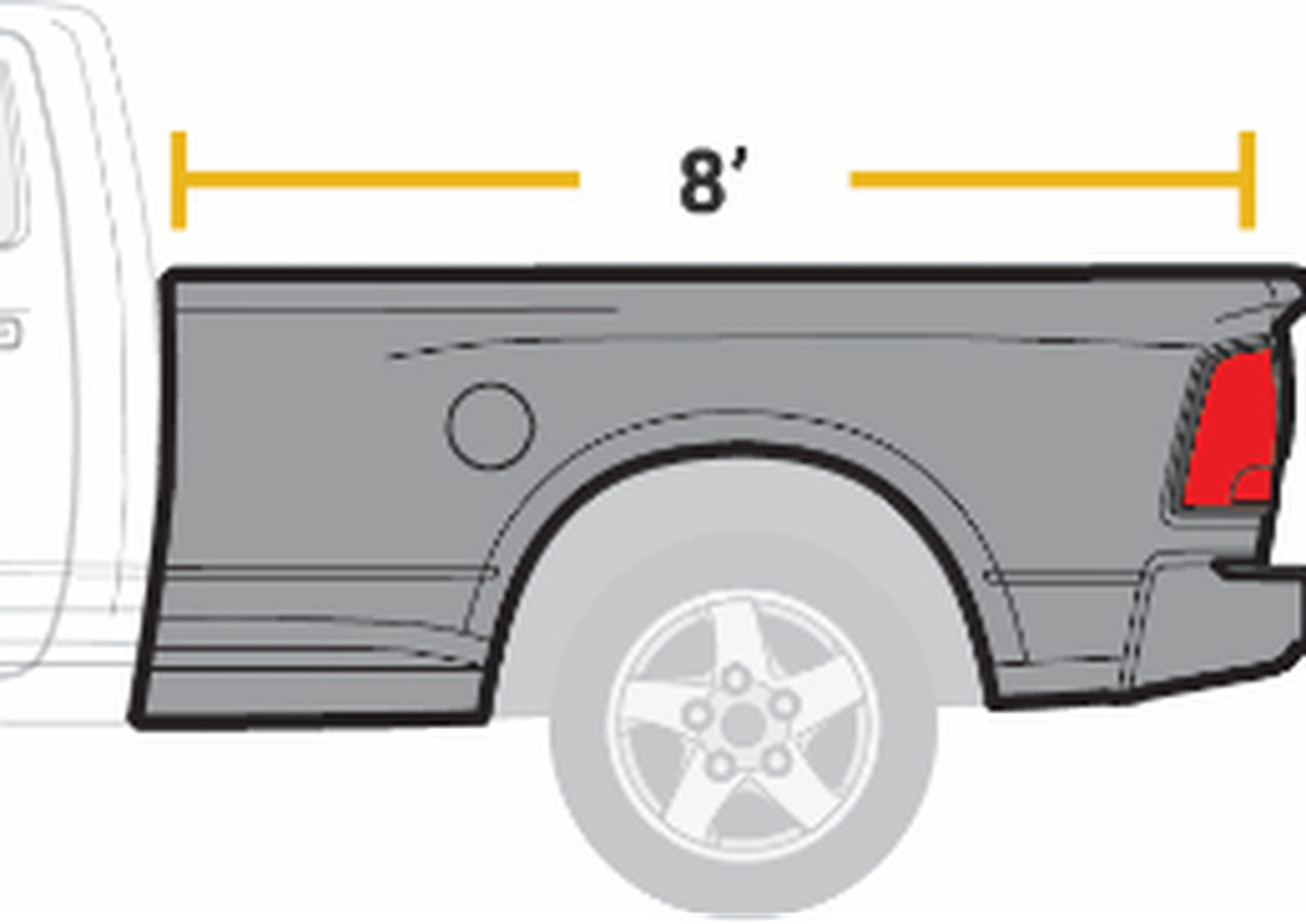 Side view of a pickup truck measuring 8 feet in length.
