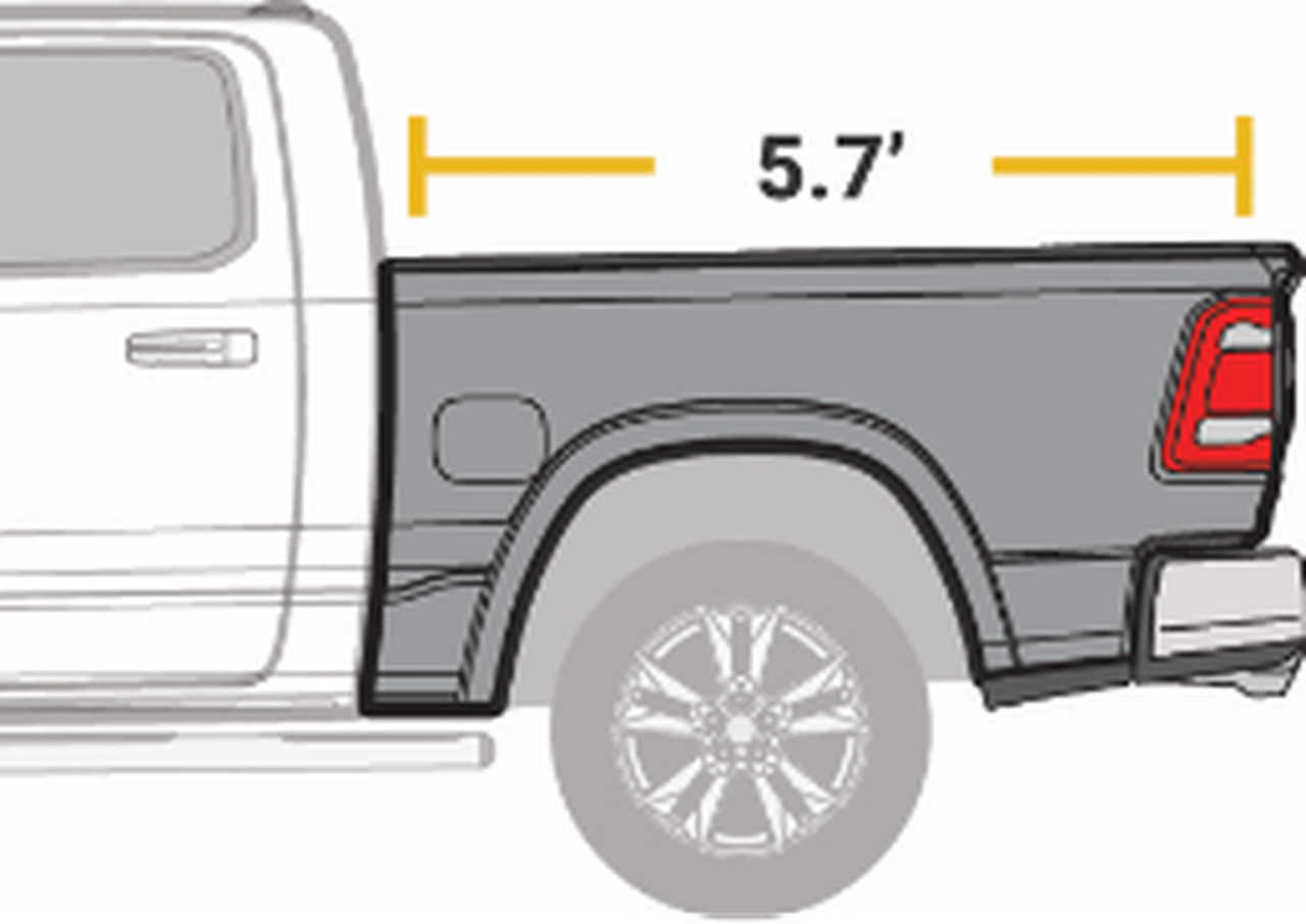 Truck bed length measures 5.7 feet from the cab to the rear.