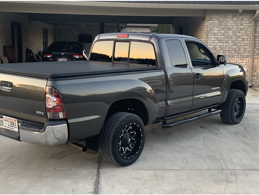 2013 Tacoma Access cab 17” Fuel Black Lethal Wheels, 3 1/2” lift, black nerf bars. My son is stoked
