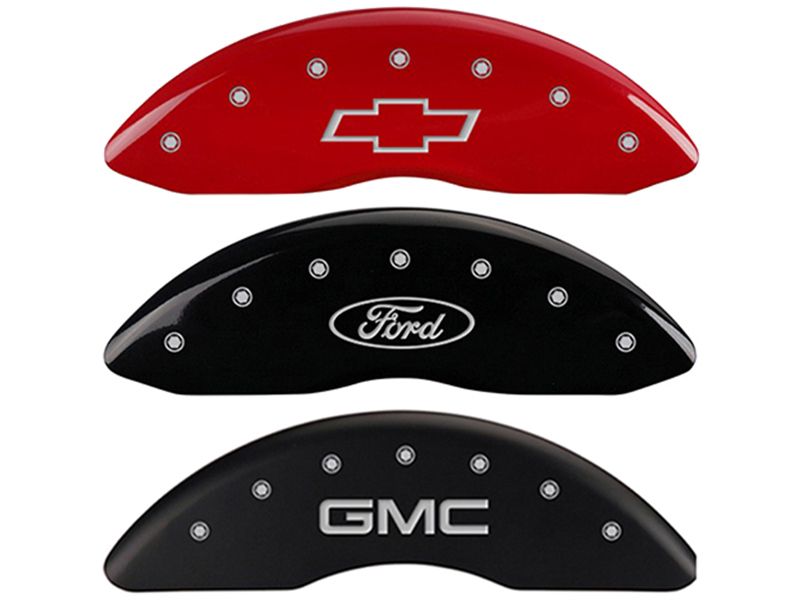 Set of 4 MGP Caliper Covers 14034SSILMB SILVERADO Engraved Caliper Cover with Matte Black Powder Coat Finish and Silver Characters, 