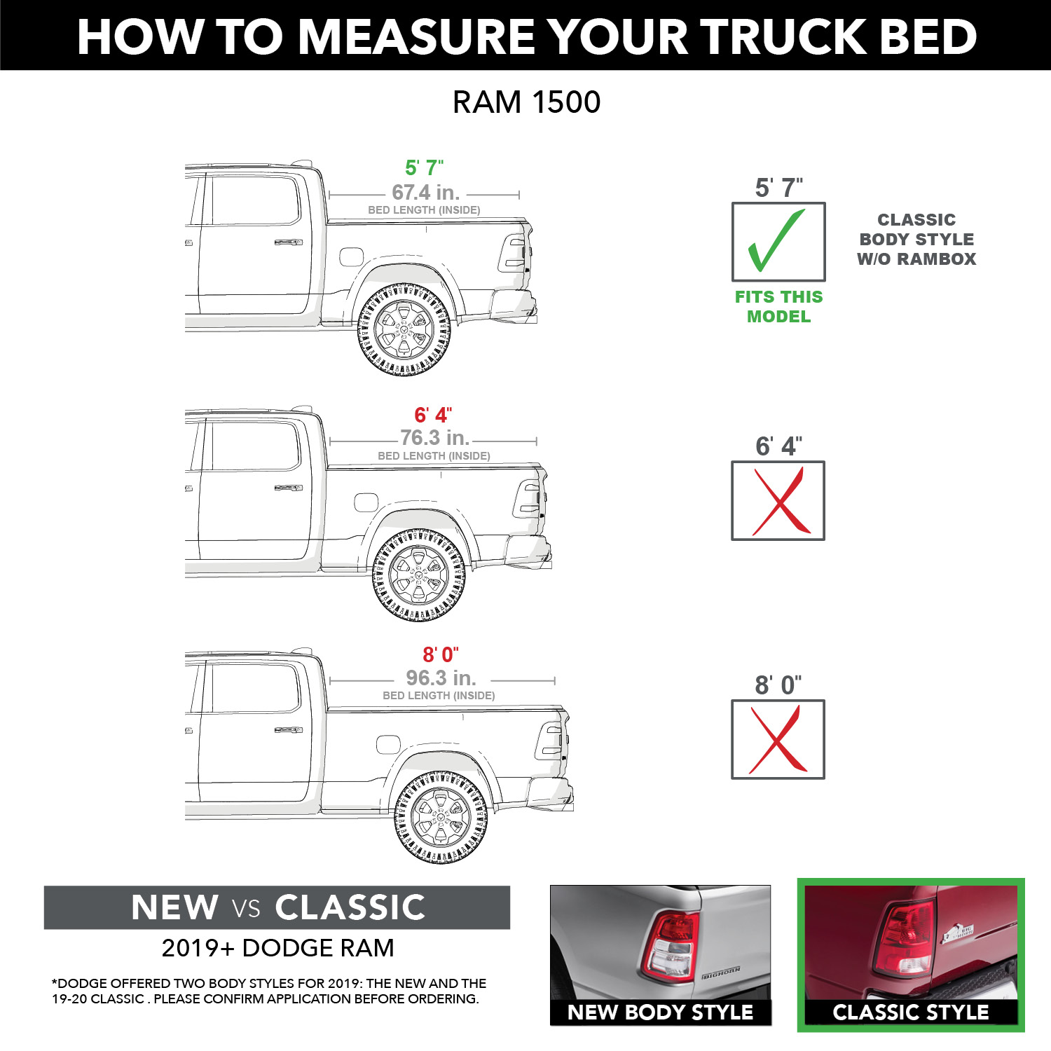 Fits 2009-2018 Ram 1500, 2019-2024 1500 Classic, 5'7" Bed (GHF-6610207)
