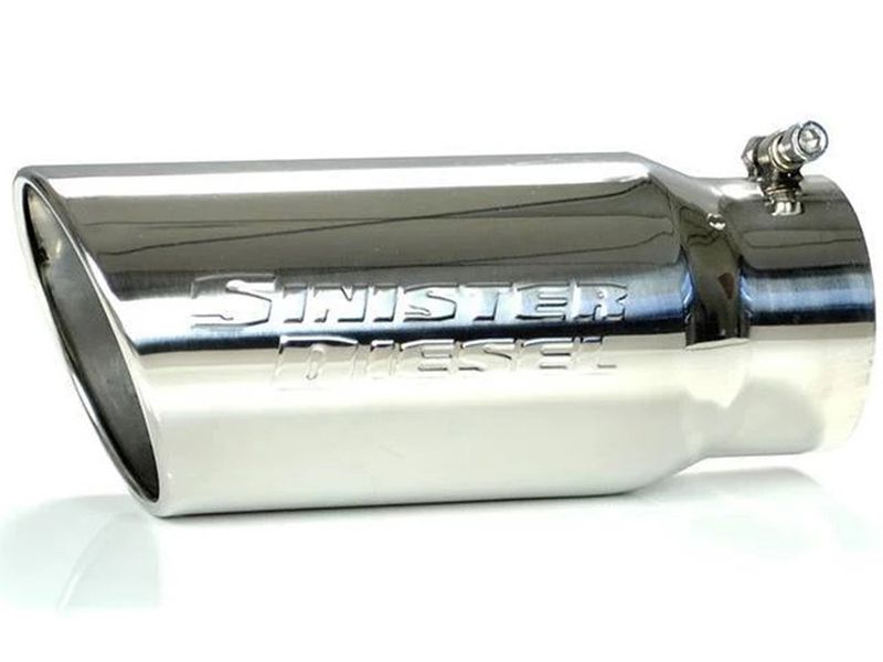 thumbnail interactive-video image 1 of LCGP 5" Inlet 6" Outlet Diesel Exhaust Tip – 15" Long, Bolt-On, Angle-Cut, Polished Stainless Steel 1 of 4