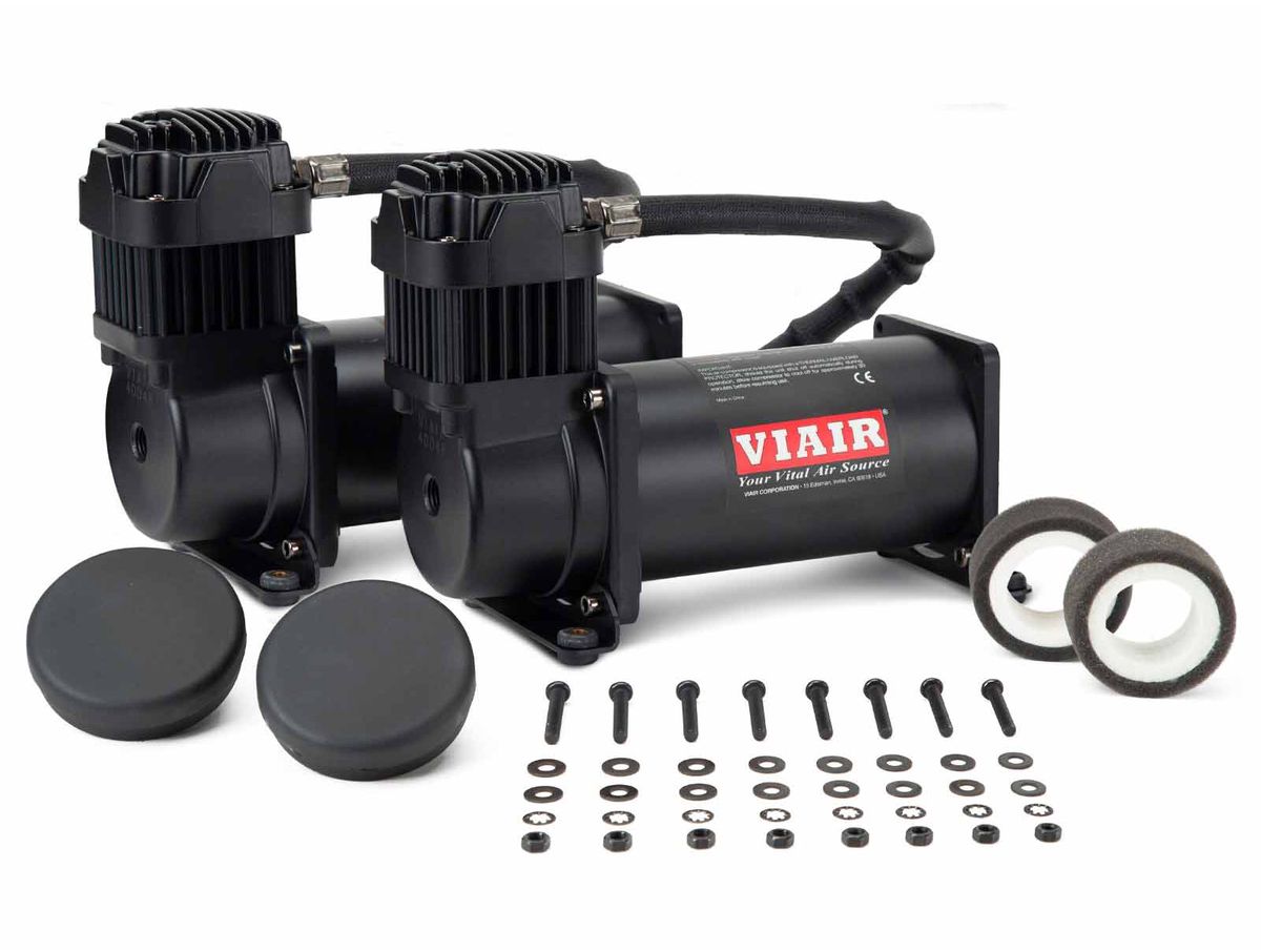 thumbnail interactive-video image 1 of VIAIR 380C Dual Pack Stealth Black Air Suspension Compressor Pump – For Air Ride Bags 1 of 6