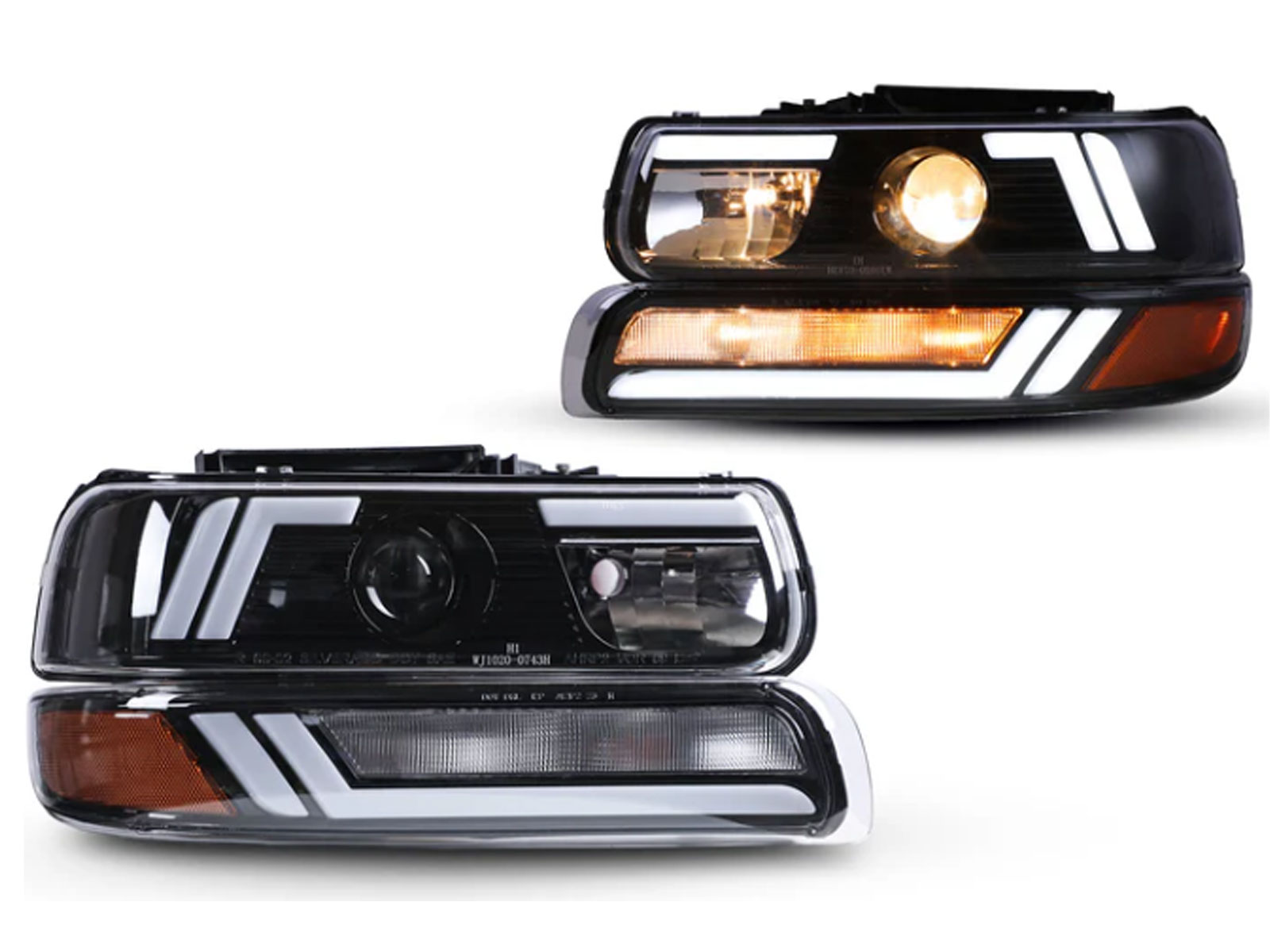 Black LED DRL Headlights With Bumper Lights For 1999-2002 Chevy Silverado 1500HD 2500HD 3500